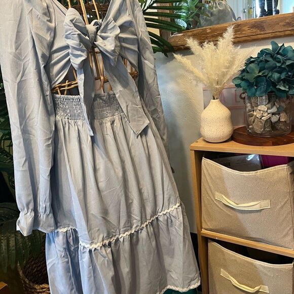 Light Blue Long Sleeve Dress 12T Tiered Ruffle Detail Square Neck Elegant Style - Picture 12 of 14